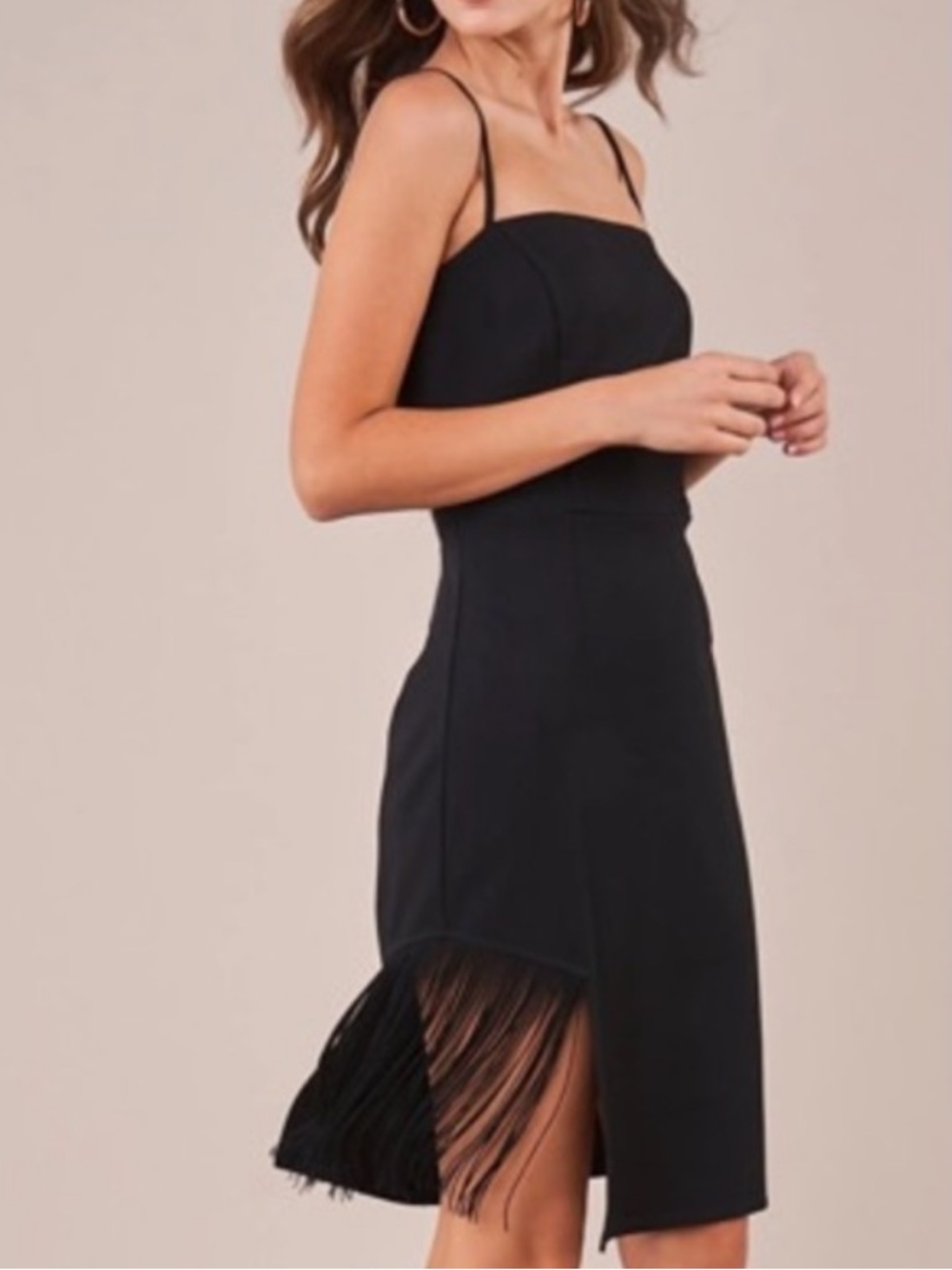 Sugarlips Black Spaghetti-Strap Midi Dress with Fringe Detail